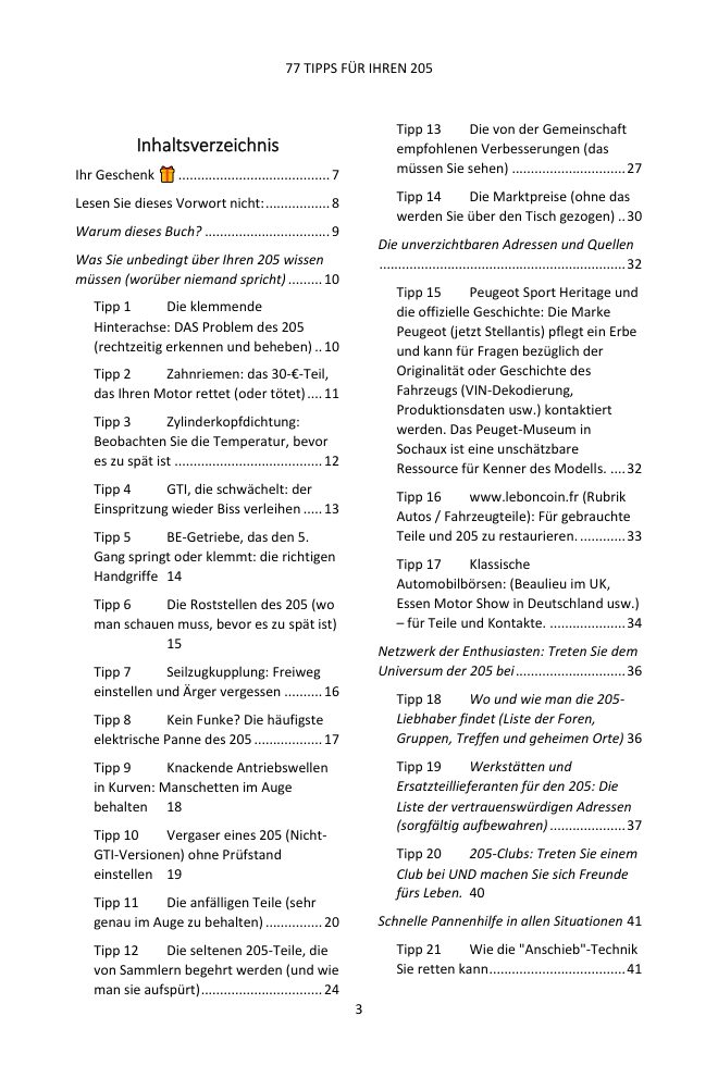 Inhaltsverzeichnis (1/4): die 77 behandelten Tipps