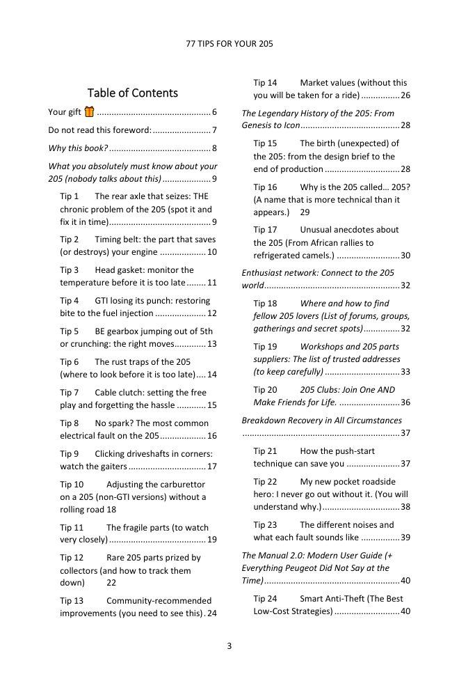 Table of contents (1/3): the 77 tips covered