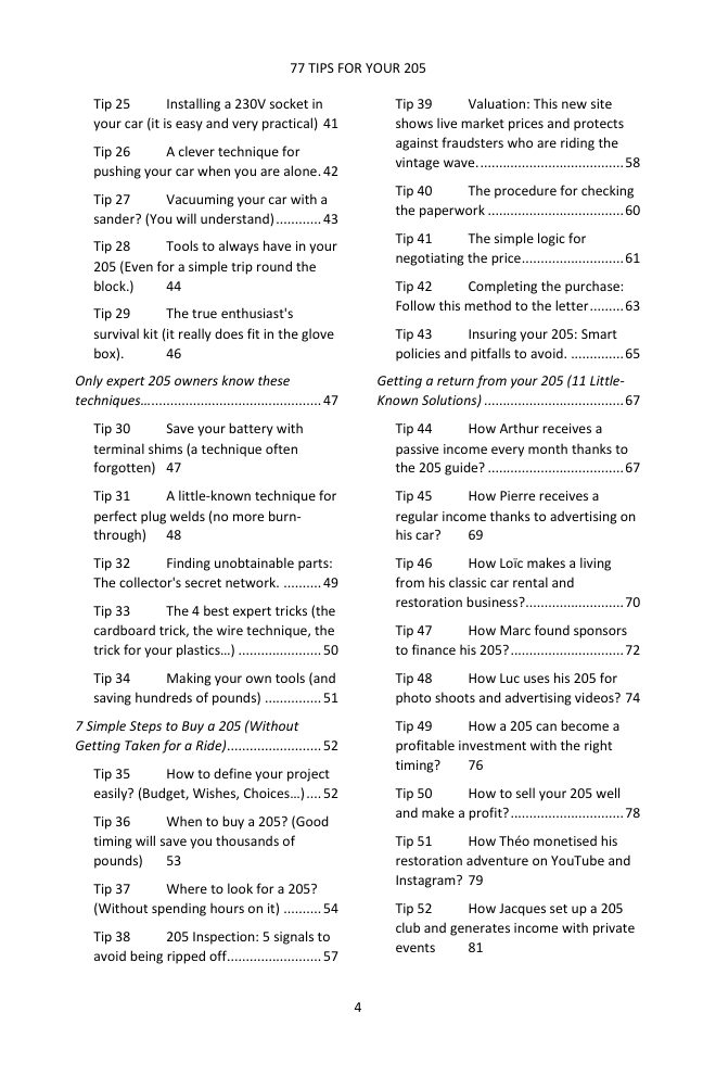 Table of contents (2/3): the 77 tips covered