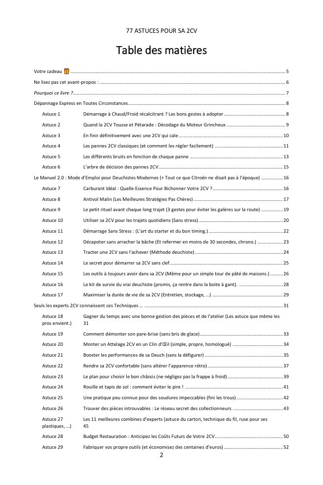 Table des matières (1/3) : les 77 astuces couvertes