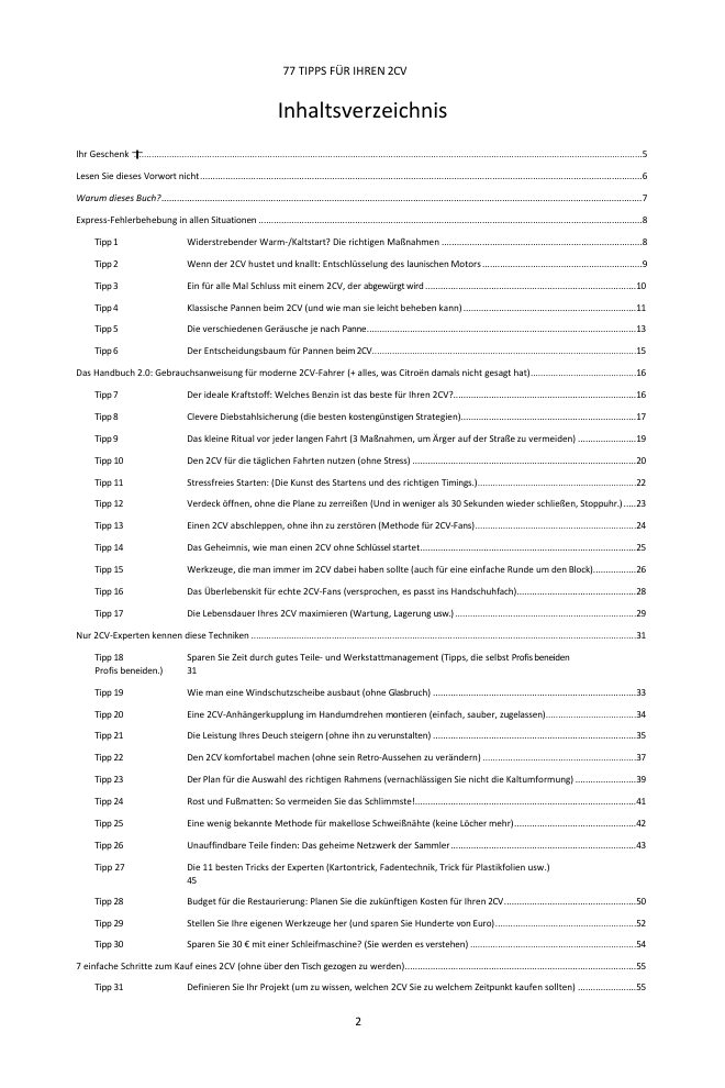 Inhaltsverzeichnis (1/3): die 77 behandelten Tipps