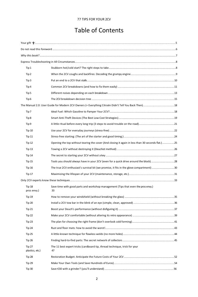 Table of contents (1/3): the 77 tips covered