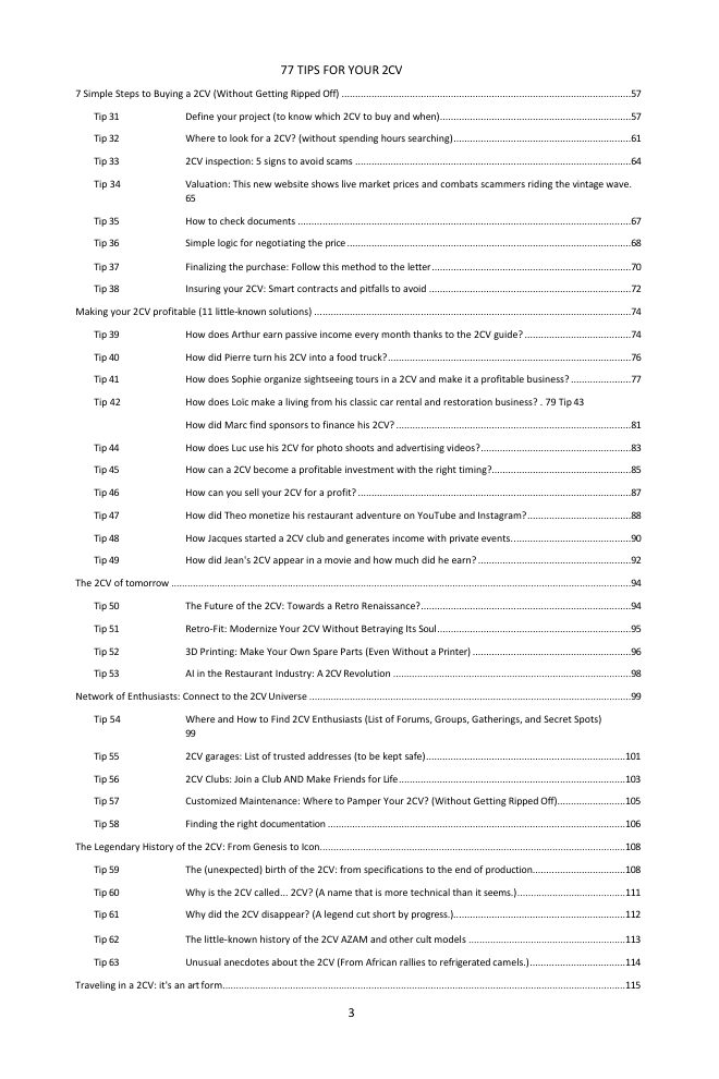Table of contents (2/3): the 77 tips covered