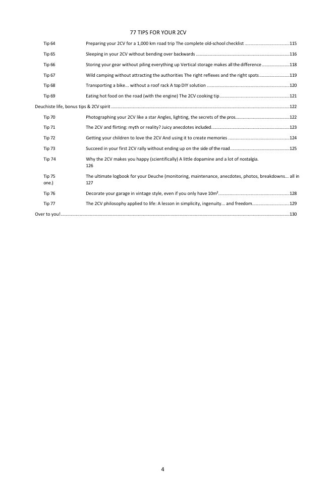 Table of contents (3/3): the 77 tips covered