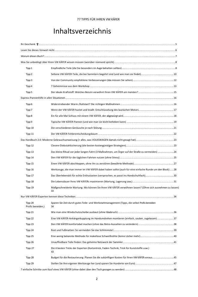 Inhaltsverzeichnis (1/3): die 77 behandelten Tipps