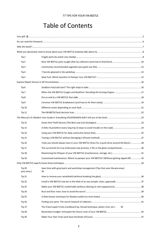 Table of contents (1/3): the 77 tips covered