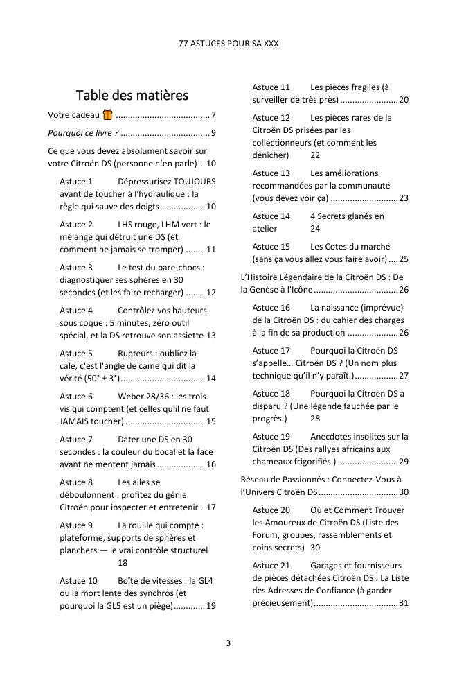 Table des matières (1/4) : les 77 astuces couvertes