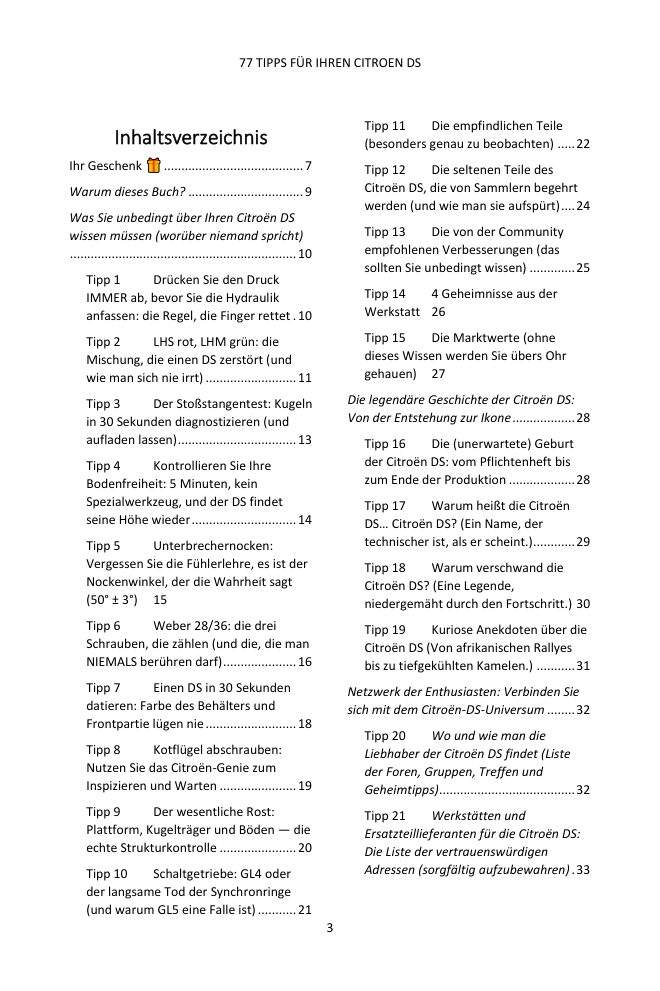 Inhaltsverzeichnis (1/4): die 77 behandelten Tipps