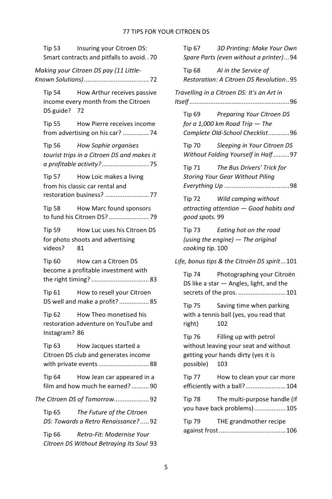 Table of contents (3/4): the 77 tips covered