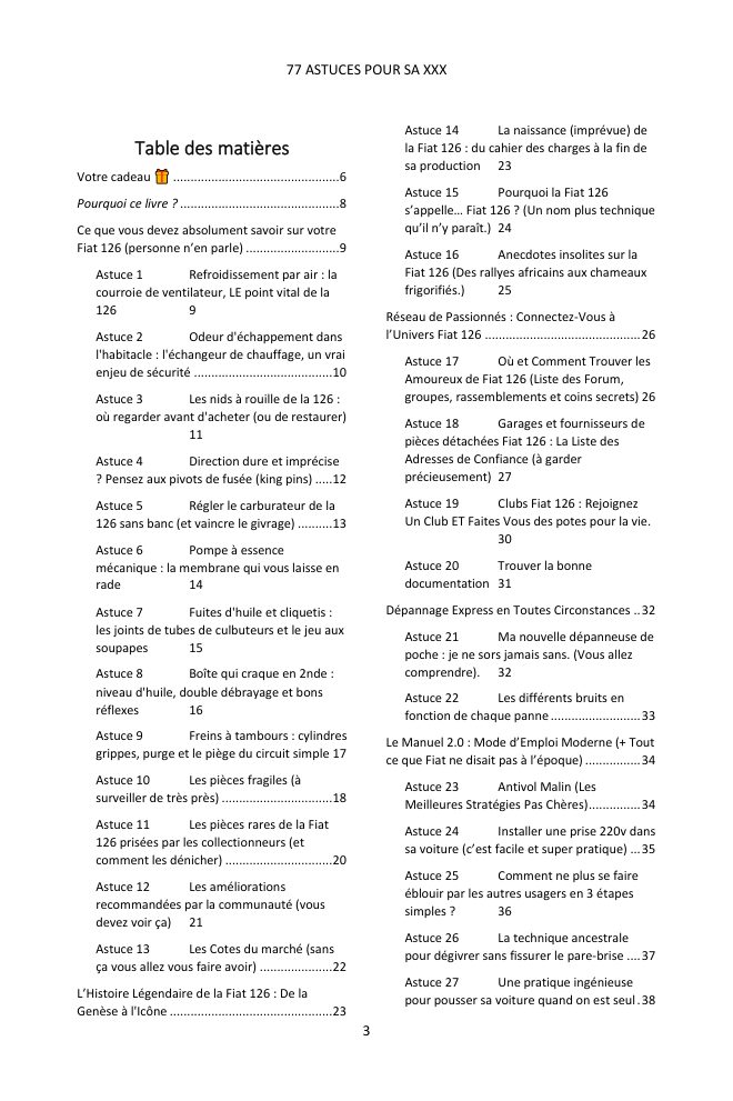 Table des matières (1/3) : les 77 astuces couvertes