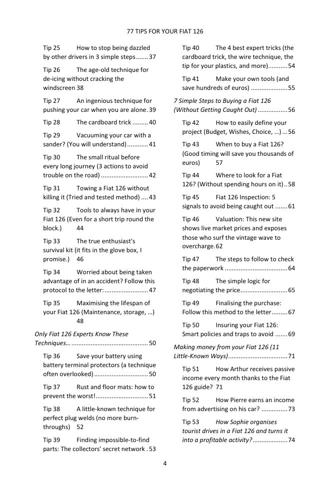Table of contents (2/4): the 77 tips covered