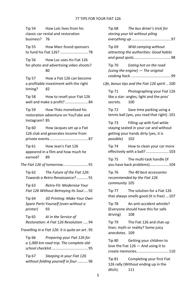 Table of contents (3/4): the 77 tips covered