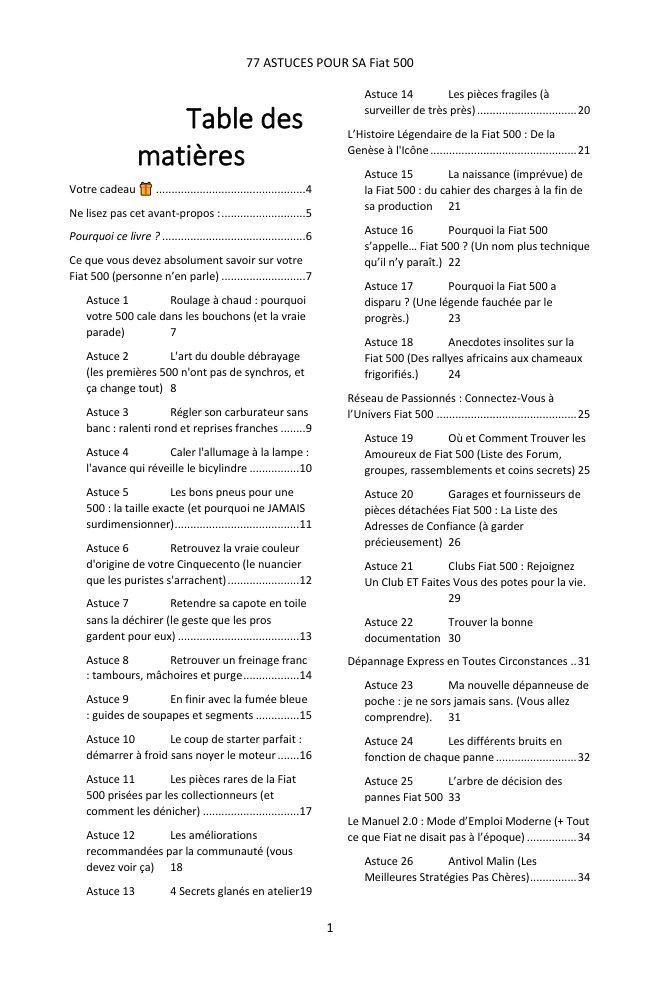 Table des matières (1/3) : les 77 astuces couvertes