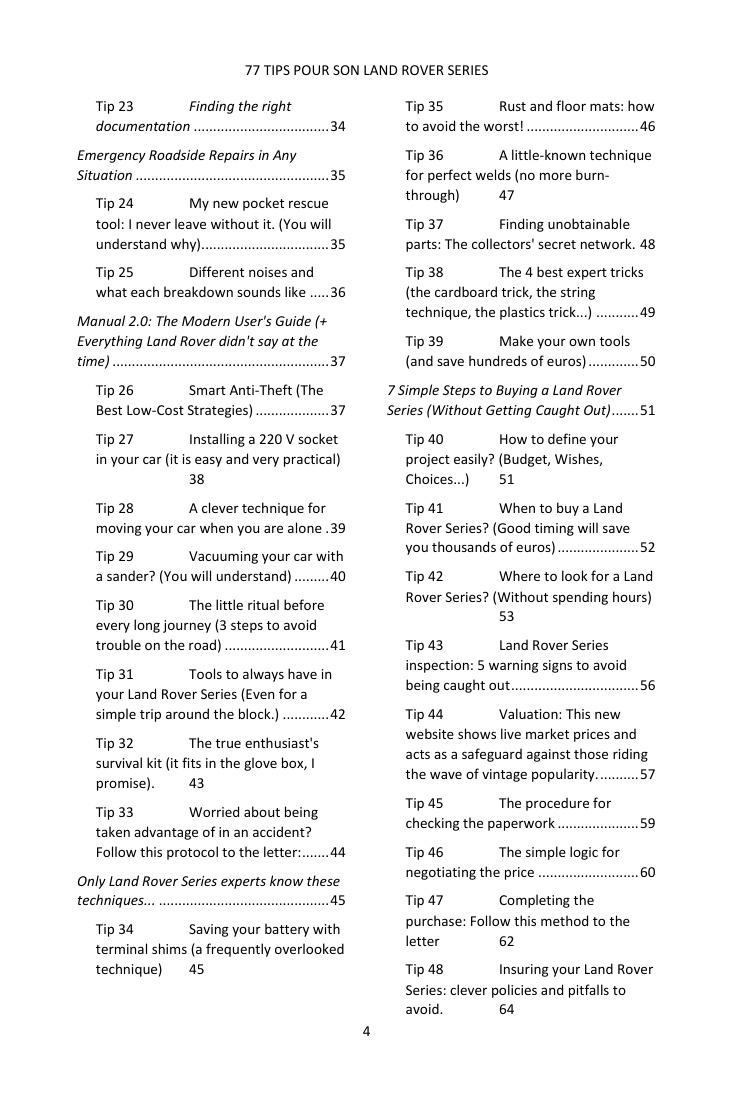 Table of contents (2/4): the 77 tips covered
