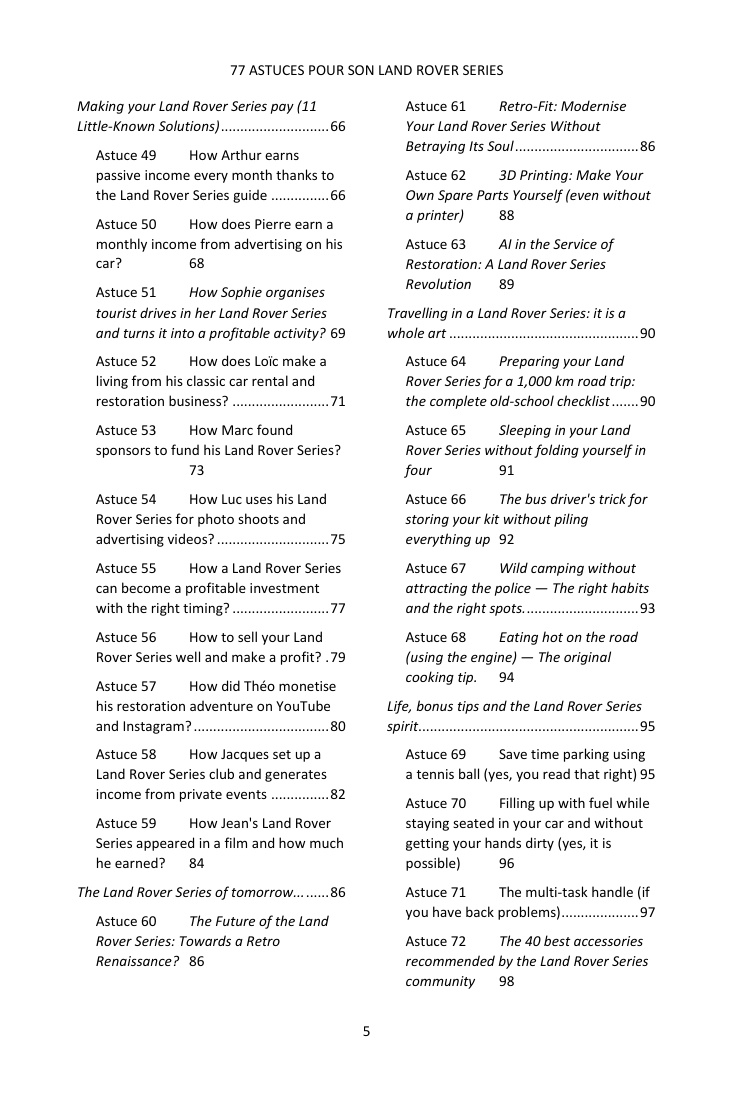 Table of contents (3/4): the 77 tips covered