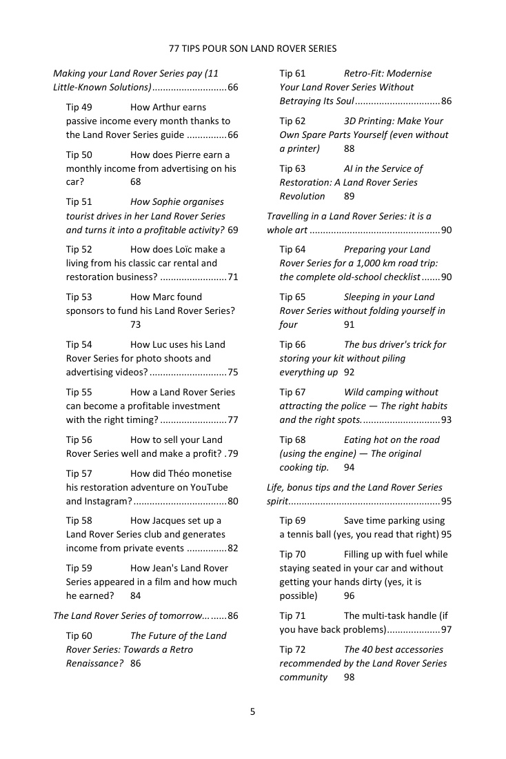 Table of contents (3/4): the 77 tips covered