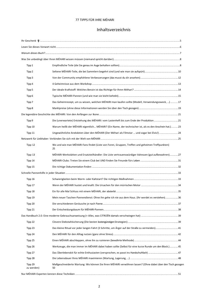 Inhaltsverzeichnis (1/3): die 77 behandelten Tipps