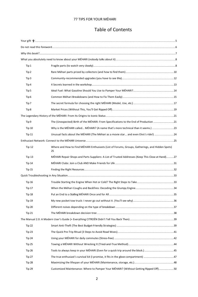 Table of contents (1/3): the 77 tips covered