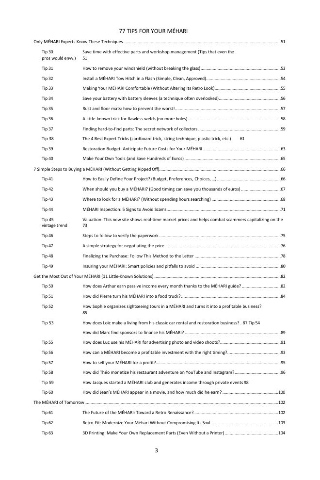 Table of contents (2/3): the 77 tips covered