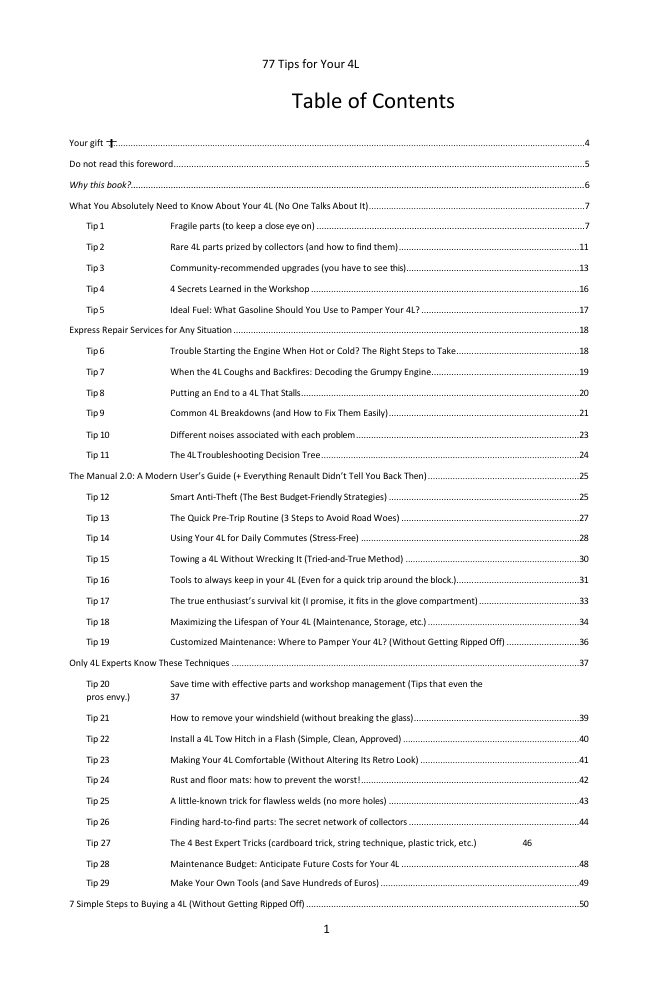Table of contents (1/3): the 77 tips covered