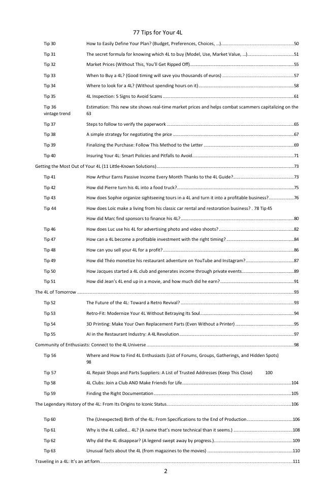 Table of contents (2/3): the 77 tips covered
