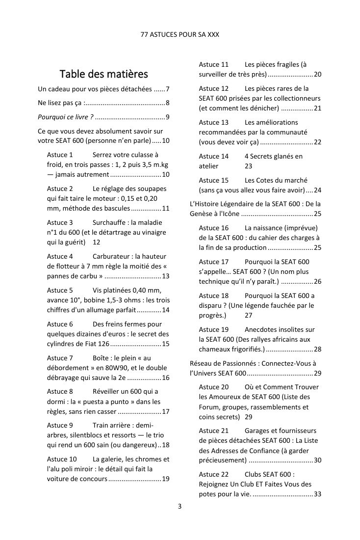 Table des matières (1/3) : les 77 astuces couvertes
