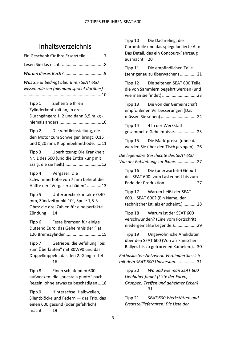 Inhaltsverzeichnis (1/4): die 77 behandelten Tipps