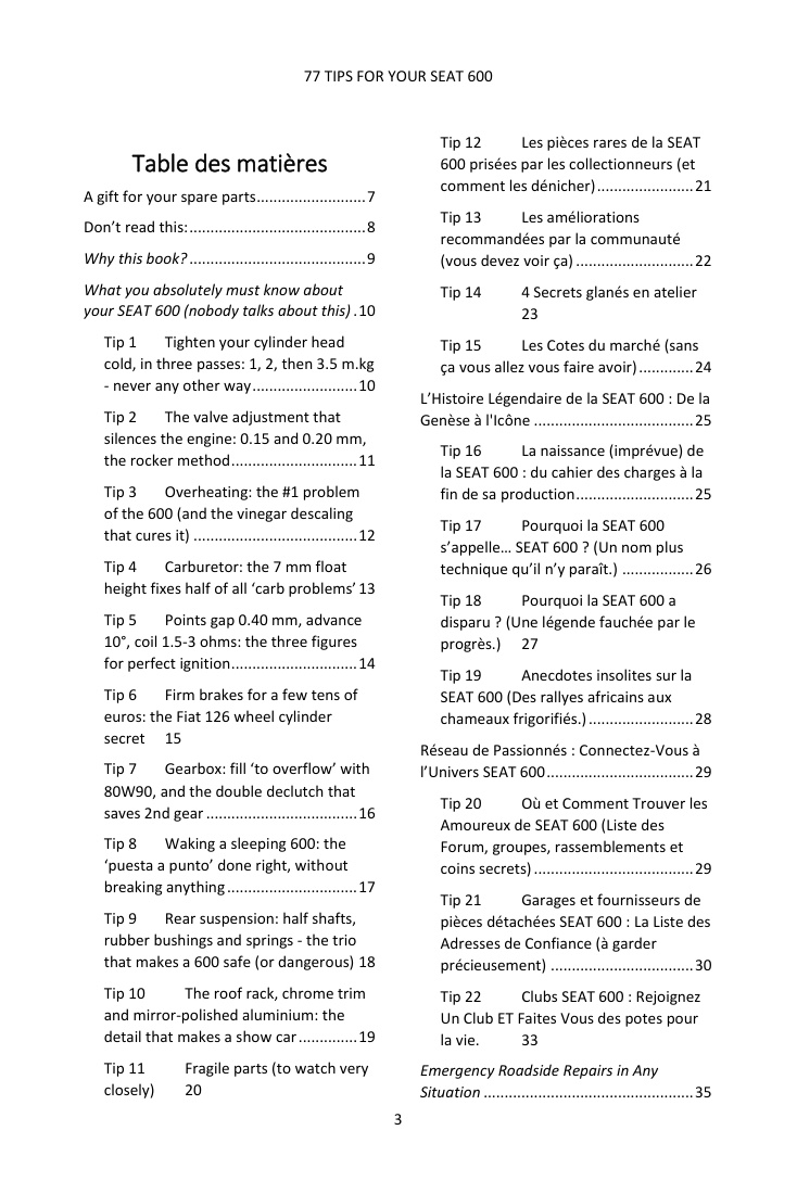 Table of contents (1/4): the 77 tips covered