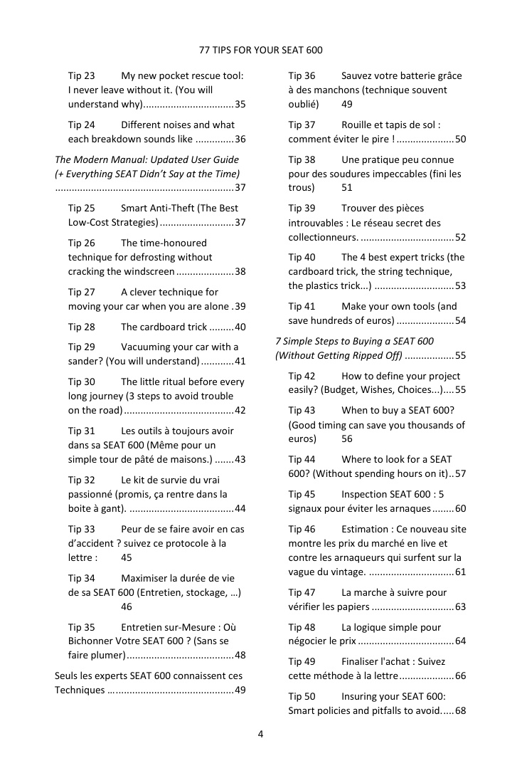 Table of contents (2/4): the 77 tips covered