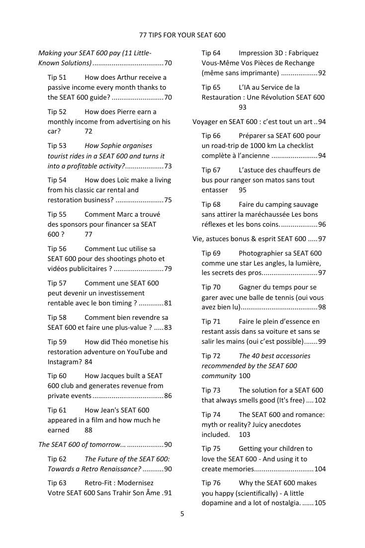 Table of contents (3/4): the 77 tips covered