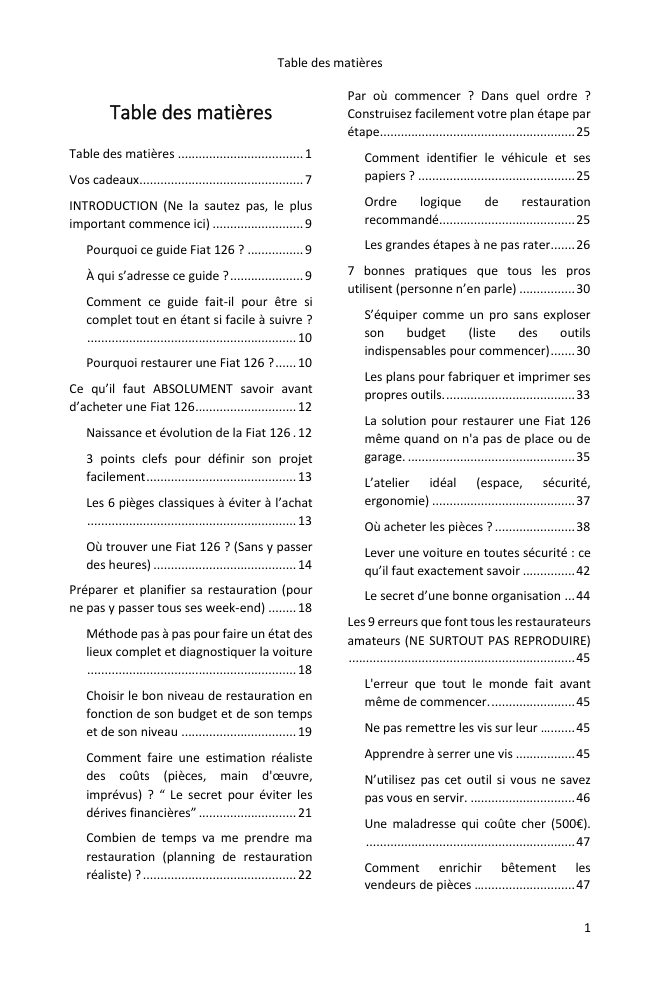 Table des matières (1/5) : tout ce que couvre le guide