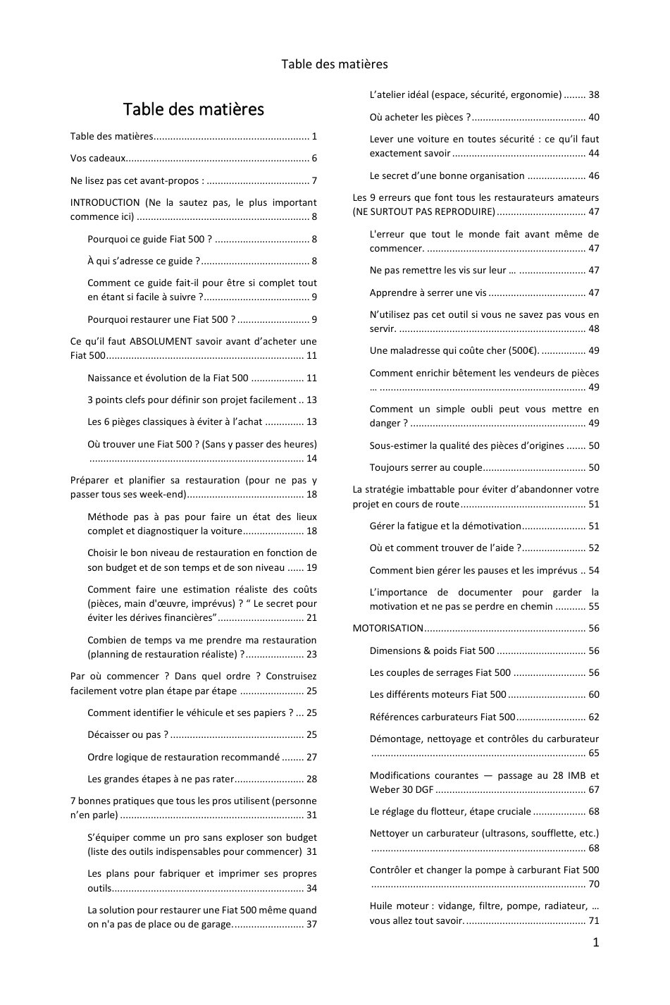 Table des matières (1/4) : tout ce que couvre le guide