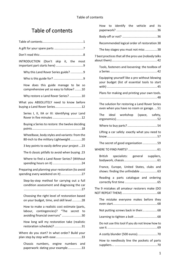 Table of contents (1/4): everything the guide covers