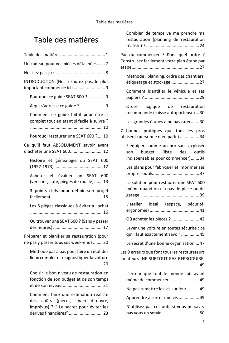 Table des matières (1/4) : tout ce que couvre le guide